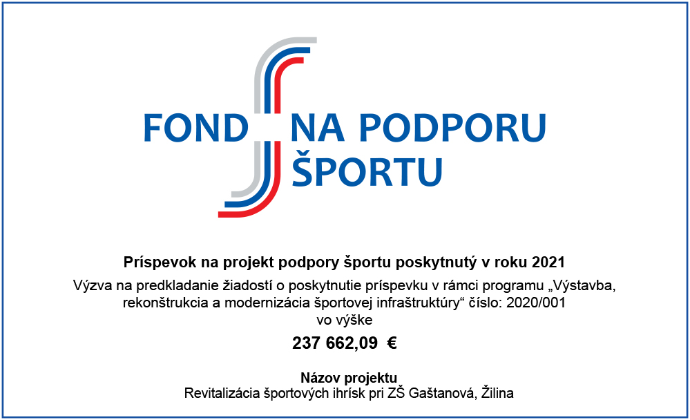Príspevok na projekt podpory športu poskytnutý v roku 2021 - Revitalizácia športových ihrísk pr ZŠ Gaštanova, Žilina